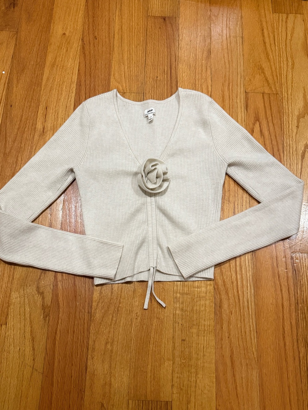 Aerie Cropped Rosette Ribbed Knit Long-Sleeve Sweater